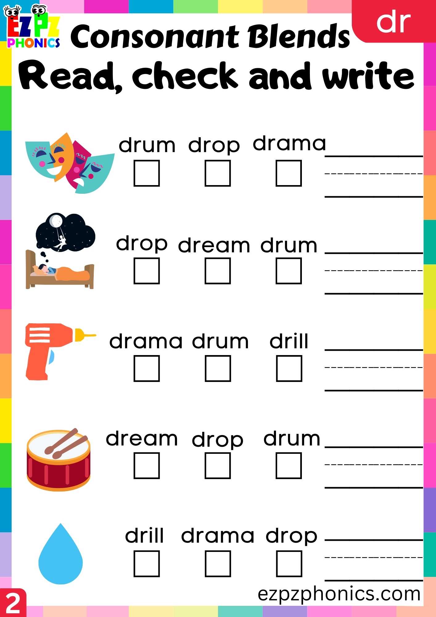 Group2 Dr Words Read Check And Write Phonics Consonant Blends Worksheet